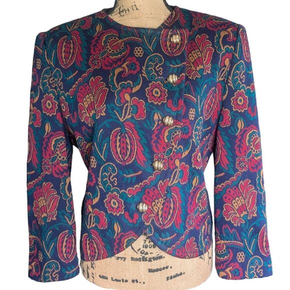 Vintage Crop Paisley Print Tailored Structured Designer Henry Lee Jacket Size 10 - Picture 14 of 14